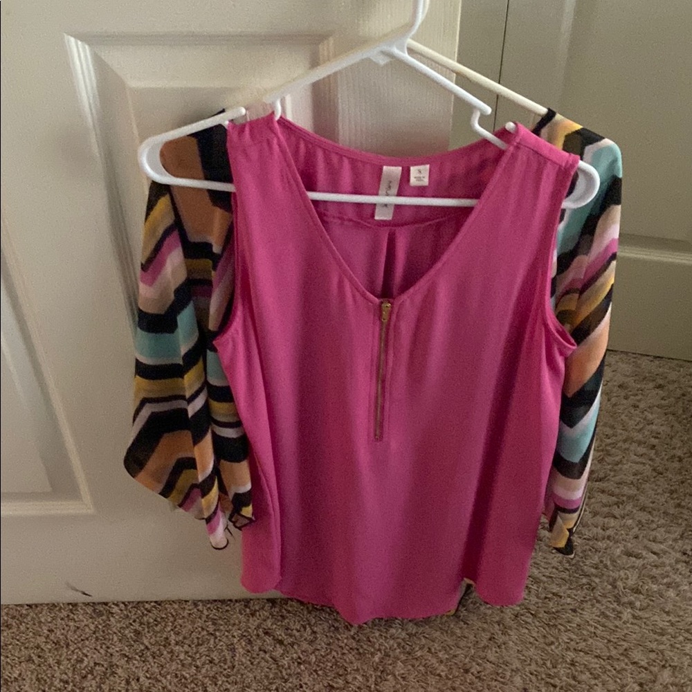 Tacera Pink Blouse/Chevron Sheer Blouse